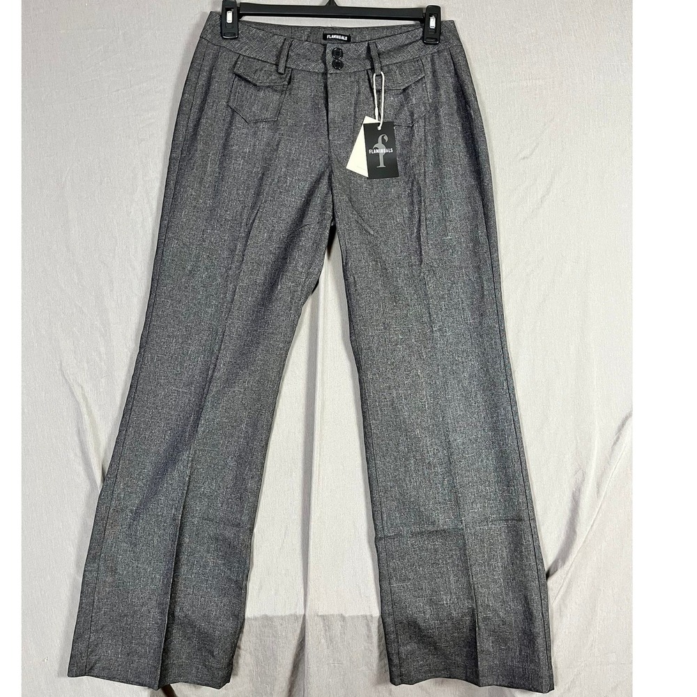 Flamingals Pants Womens L Flare‎ Leg Grey Front Flap Pocket NEW